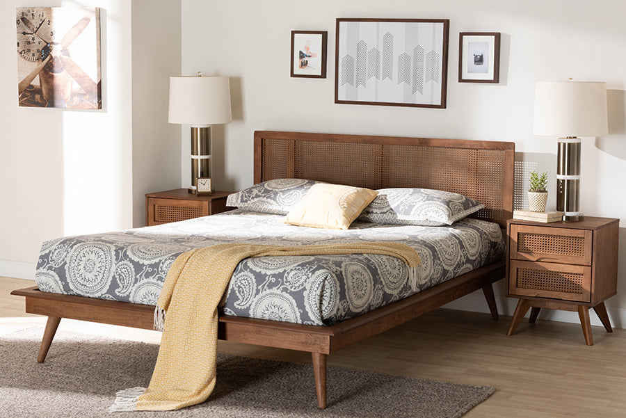 Baxton Studio Nura Mid-Century Modern Walnut Brown Finished Wood and Rattan Full Size 3-Piece Bedroom Set
