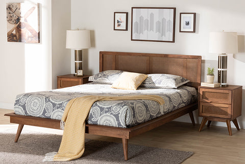Baxton Studio Nura Mid-Century Modern Walnut Brown Finished Wood and Rattan Full Size 3-Piece Bedroom Set