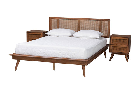 Baxton Studio Nura Mid-Century Modern Walnut Brown Finished Wood and Rattan Queen Size 3-Piece Bedroom Set