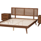 Baxton Studio Nura Mid-Century Modern Walnut Brown Finished Wood and Rattan Full Size 3-Piece Bedroom Set