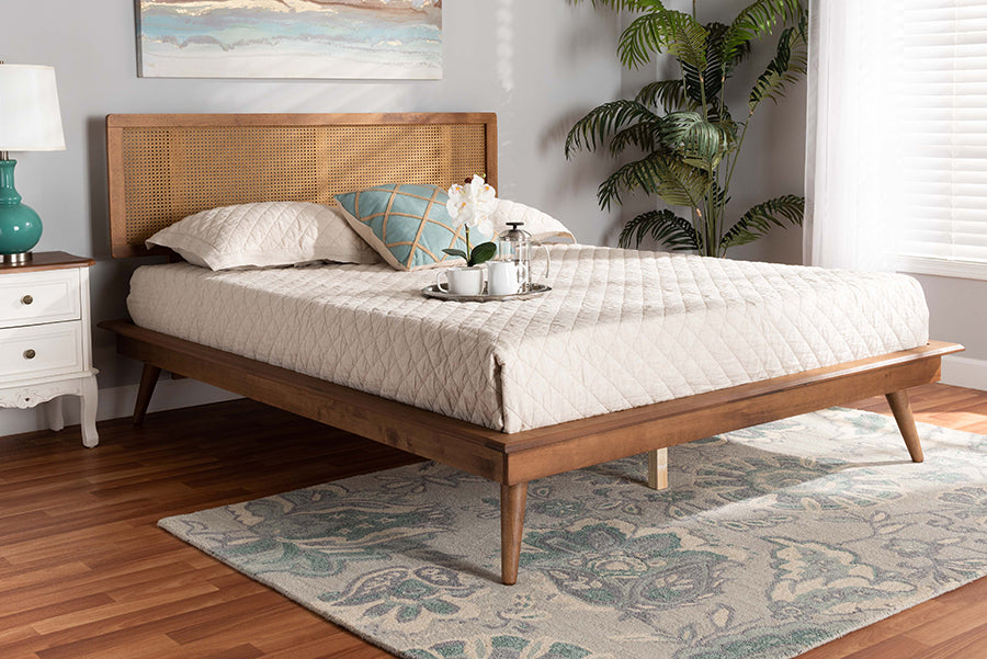 Baxton Studio Nura Mid-Century Modern Walnut Brown Finished Wood and Synthetic Rattan Queen Size Platform Bed