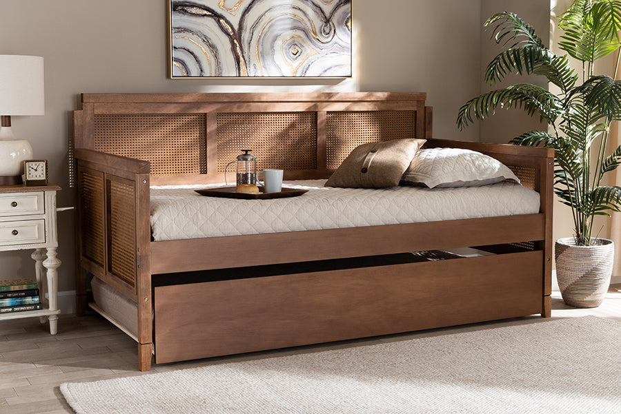 Baxton Studio Toveli Vintage French Inspired Ash Wanut Finished Wood and Synthetic Rattan Daybed with Trundle