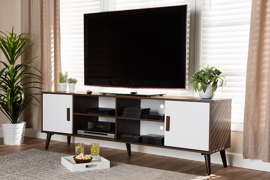 Baxton Studio Quinn Mid-Century Modern Two-Tone White and Walnut Finished 2-Door Wood TV Stand