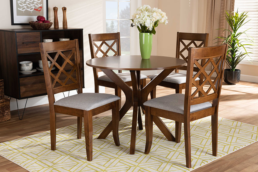 Baxton Studio Jana Modern and Contemporary Grey Fabric Upholstered and Walnut Brown Finished Wood 5-Piece Dining Set