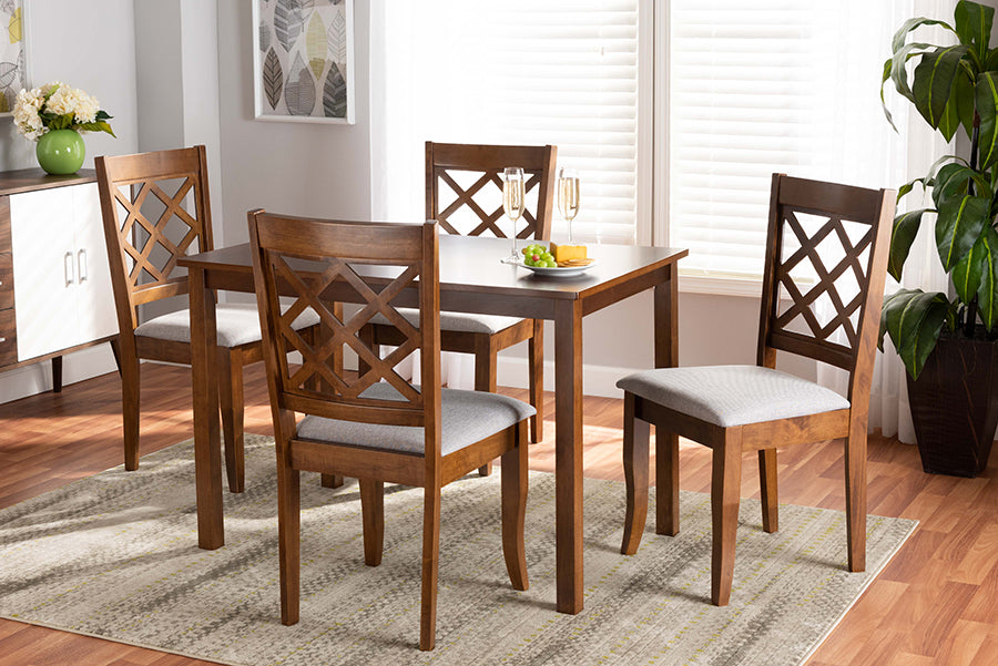 Baxton Studio Sari Modern and Contemporary Grey Fabric Upholstered and Walnut Brown Finished Wood 5-Piece Dining Set