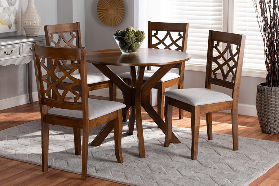 Baxton Studio Elena Modern and Contemporary Grey Fabric Upholstered and Walnut Brown Finished Wood 5-Piece Dining Set