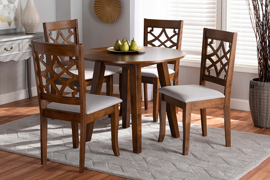 Baxton Studio Mya Modern and Contemporary Grey Fabric Upholstered and Walnut Brown Finished Wood 5-Piece Dining Set