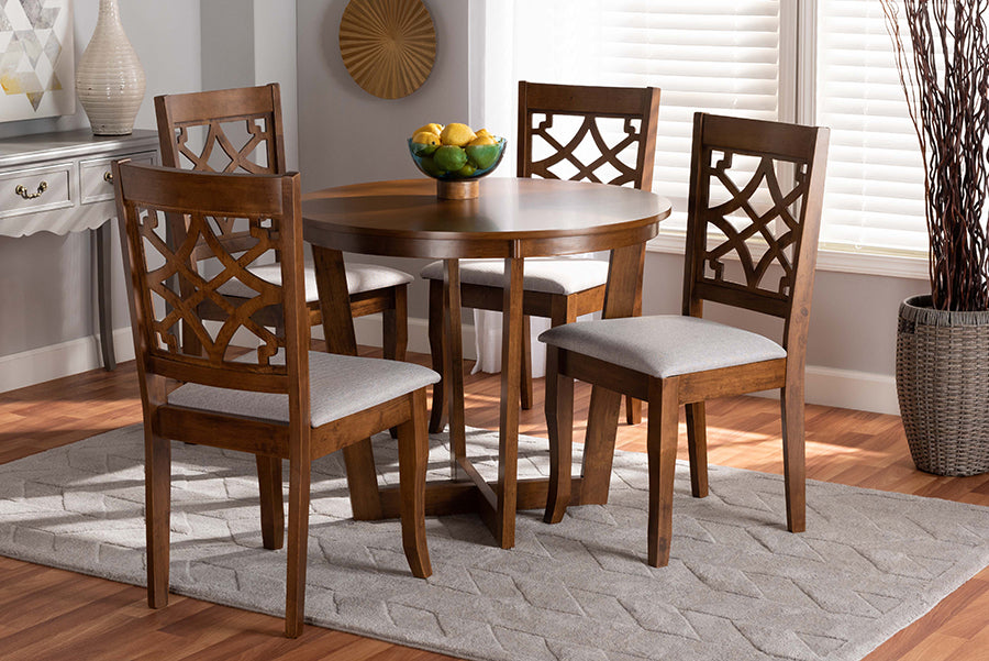 Baxton Studio Tricia Modern and Contemporary Grey Fabric Upholstered and Walnut Brown Finished Wood 5-Piece Dining Set