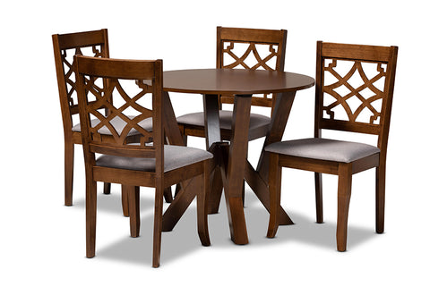 Baxton Studio Alisa Modern and Contemporary Grey Fabric Upholstered and Walnut Brown Finished Wood 5-Piece Dining Set