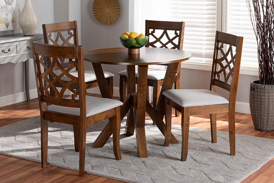 Baxton Studio Alisa Modern and Contemporary Grey Fabric Upholstered and Walnut Brown Finished Wood 5-Piece Dining Set