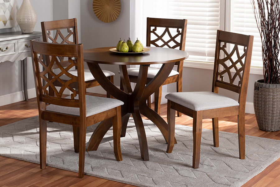 Baxton Studio Sandra Modern and Contemporary Grey Fabric Upholstered and Walnut Brown Finished Wood 5-Piece Dining Set