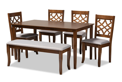 Baxton Studio Dori Modern and Contemporary Grey Fabric Upholstered and Walnut Brown Finished Wood 6-Piece Dining Set