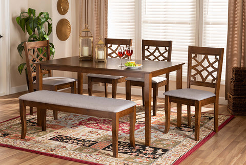Baxton Studio Dori Modern and Contemporary Grey Fabric Upholstered and Walnut Brown Finished Wood 6-Piece Dining Set