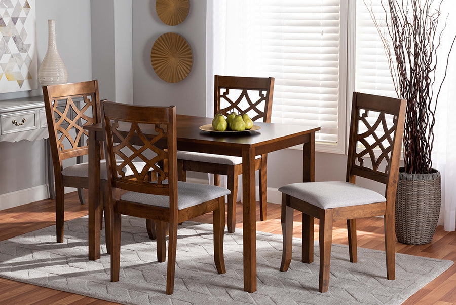 Baxton Studio Celina Modern and Contemporary Grey Fabric Upholstered and Walnut Brown Finished Wood 5-Piece Dining Set