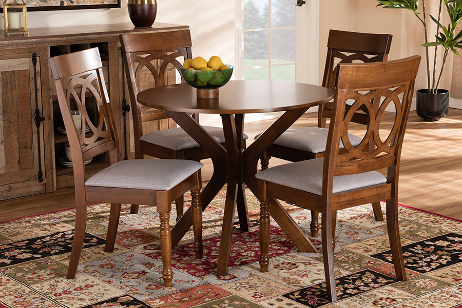 Baxton Studio Jessie Modern and Contemporary Grey Fabric Upholstered and Walnut Brown Finished Wood 5-Piece Dining Set