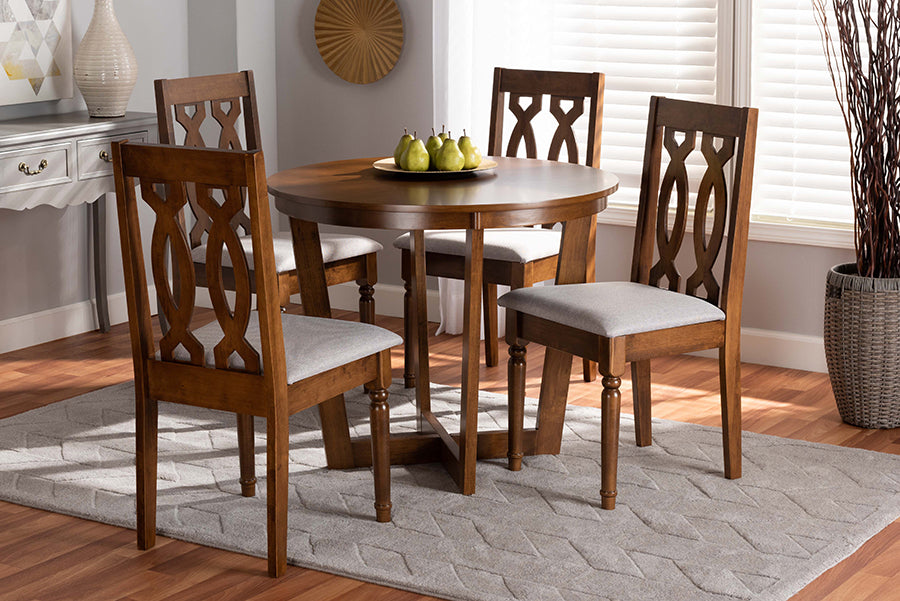Baxton Studio Julie Modern and Contemporary Grey Fabric Upholstered and Walnut Brown Finished Wood 5-Piece Dining Set