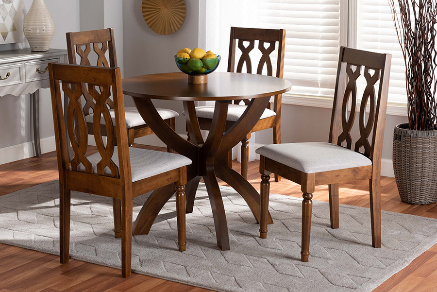 Baxton Studio Mona Modern and Contemporary Grey Fabric Upholstered and Walnut Brown Finished Wood 5-Piece Dining Set