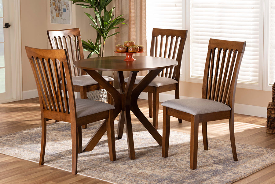 Baxton Studio Lore Modern and Contemporary Grey Fabric Upholstered and Walnut Brown Finished Wood 5-Piece Dining Set