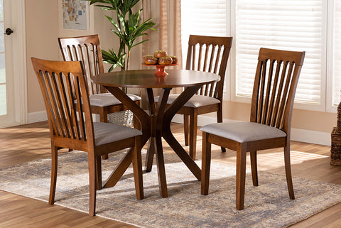 Baxton Studio Lore Modern and Contemporary Grey Fabric Upholstered and Walnut Brown Finished Wood 5-Piece Dining Set