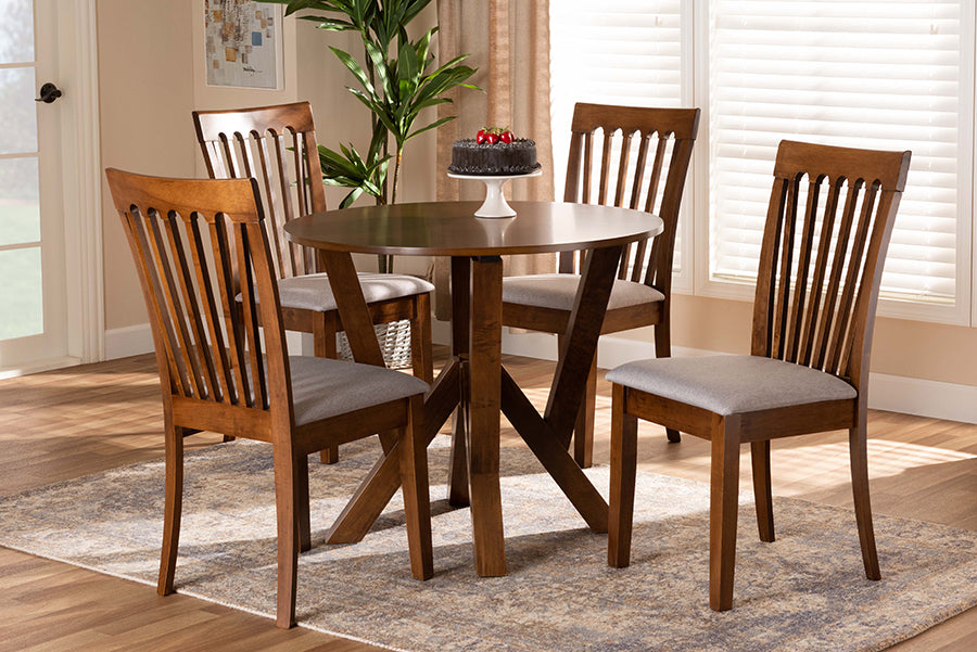 Baxton Studio Marian Modern and Contemporary Grey Fabric Upholstered and Walnut Brown Finished Wood 5-Piece Dining Set