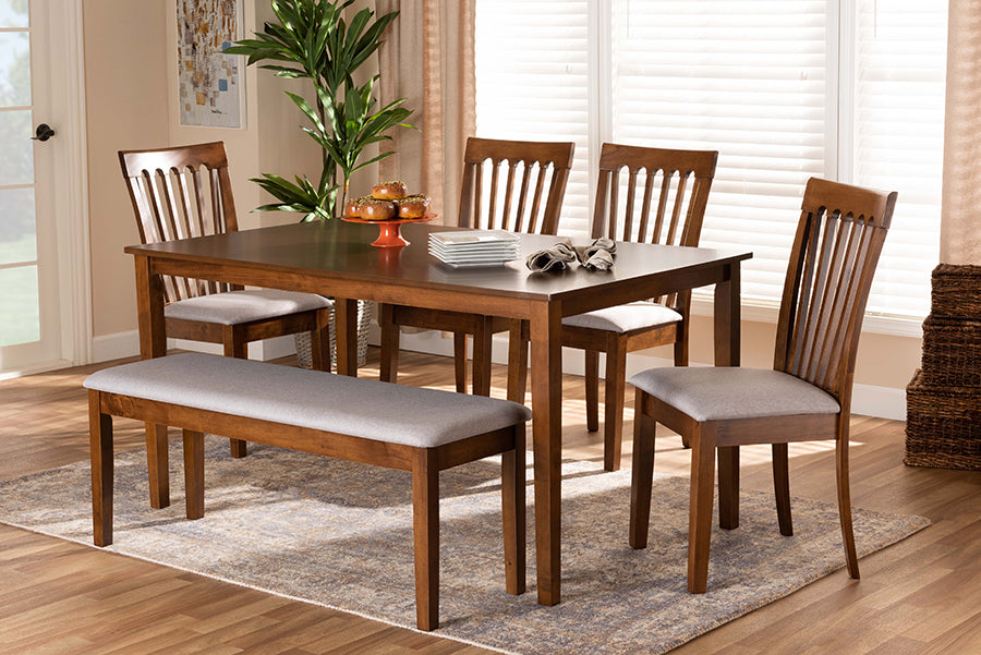 Baxton Studio Minette Modern and Contemporary Grey Fabric Upholstered and Walnut Brown Finished Wood 6-Piece Dining Set