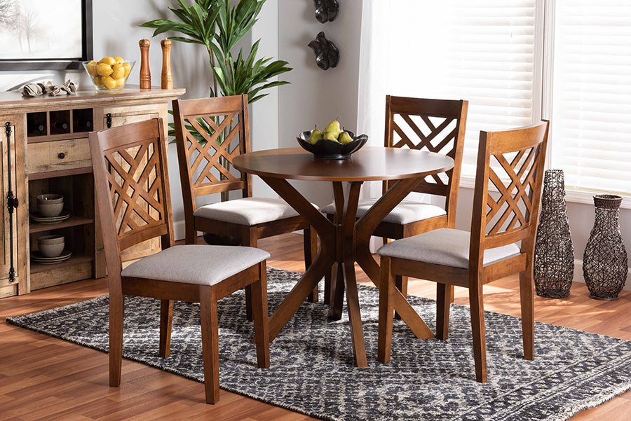 Baxton Studio Norah Modern and Contemporary Grey Fabric Upholstered and Walnut Brown Finished Wood 5-Piece Dining Set