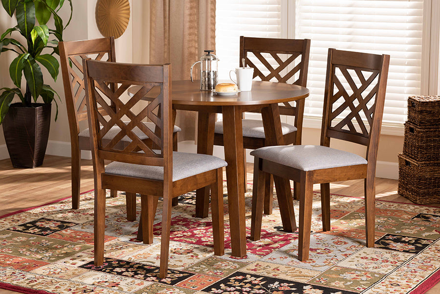 Baxton Studio Lilly Modern and Contemporary Grey Fabric Upholstered and Walnut Brown Finished Wood 5-Piece Dining Set