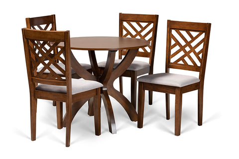 Baxton Studio Edona Modern and Contemporary Grey Fabric Upholstered and Walnut Brown Finished Wood 5-Piece Dining Set