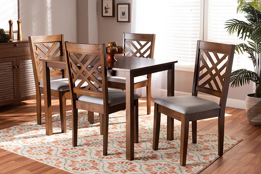 Baxton Studio Caron Modern and Contemporary Grey Fabric Upholstered Walnut Brown Finished Wood 5-Piece Dining Set