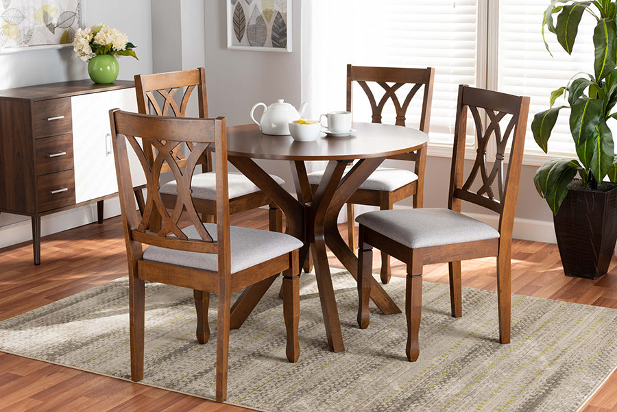 Baxton Studio Maya Modern and Contemporary Grey Fabric Upholstered and Walnut Brown Finished Wood 5-Piece Dining Set