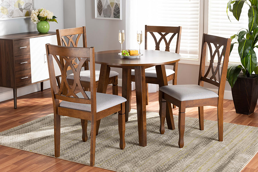 Baxton Studio Leon Modern and Contemporary Grey Fabric Upholstered and Walnut Brown Finished Wood 5-Piece Dining Set