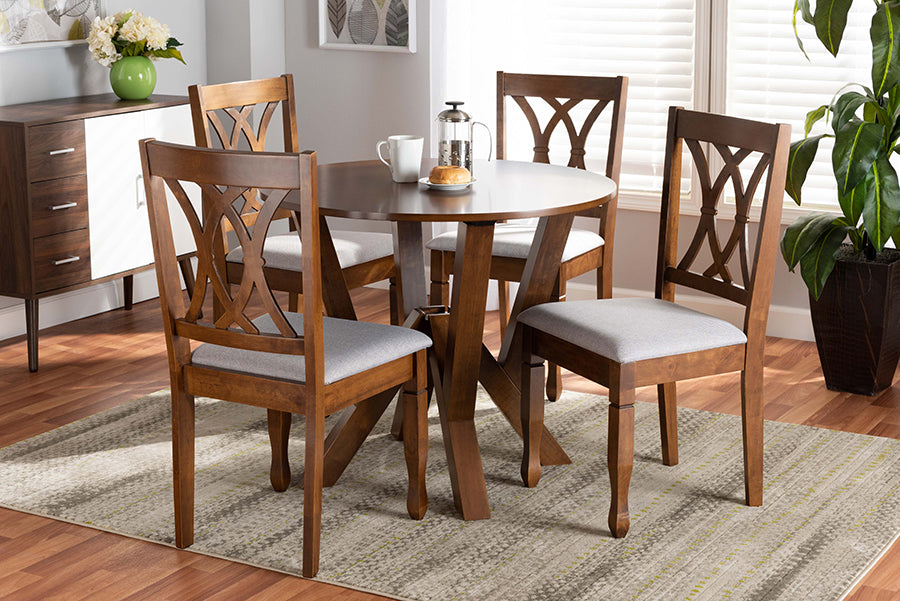 Baxton Studio Irene Modern and Contemporary Grey Fabric Upholstered and Walnut Brown Finished Wood 5-Piece Dining Set