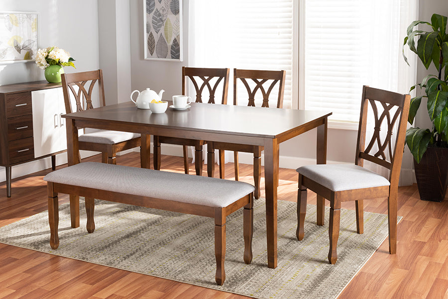 Baxton Studio Reneau Modern and Contemporary Grey Fabric Upholstered and Walnut Brown Finished Wood 6-Piece Dining Set