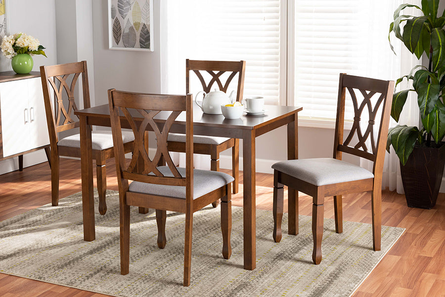 Baxton Studio Sefa Modern and Contemporary Grey Fabric Upholstered and Walnut Brown Finished Wood 5-Piece Dining Set