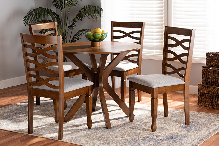 Baxton Studio Mila Modern and Contemporary Grey Fabric Upholstered and Walnut Brown Finished Wood 5-Piece Dining Set