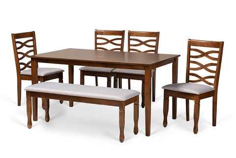 Baxton Studio Lanier Modern and Contemporary Grey Fabric Upholstered and Walnut Brown Finished Wood 6-Piece Dining Set