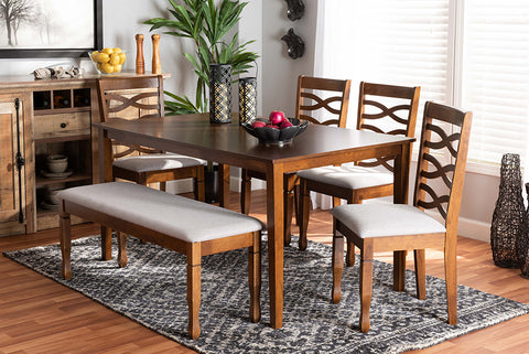 Baxton Studio Lanier Modern and Contemporary Grey Fabric Upholstered and Walnut Brown Finished Wood 6-Piece Dining Set