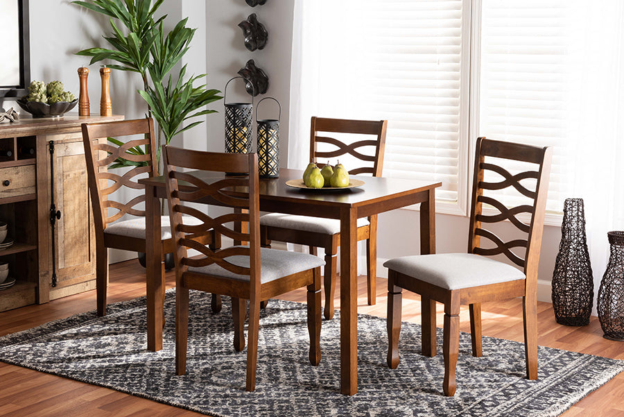 Baxton Studio Mirna Modern and Contemporary Grey Fabric Upholstered and Walnut Brown Finished Wood 5-Piece Dining Set