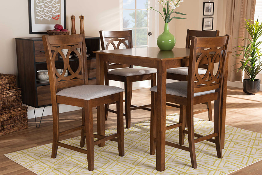 Baxton Studio Lenoir Modern and Contemporary Grey Fabric Upholstered Walnut Brown Finished 5-Piece Wood Pub Set