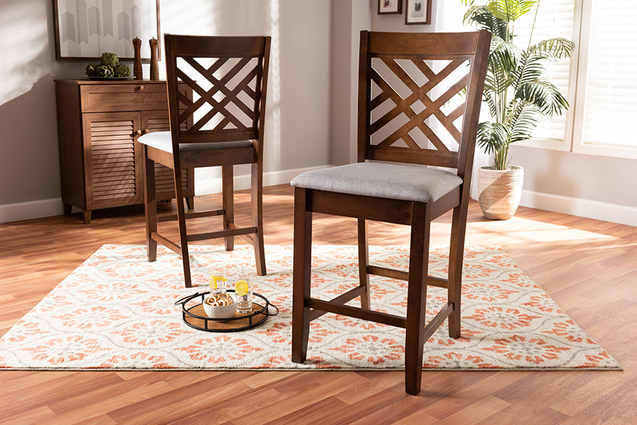 Baxton Studio Caron Modern and Contemporary Grey Fabric Upholstered Walnut Brown Finished 2-Piece Wood Counter Height Pub Chair Set Set