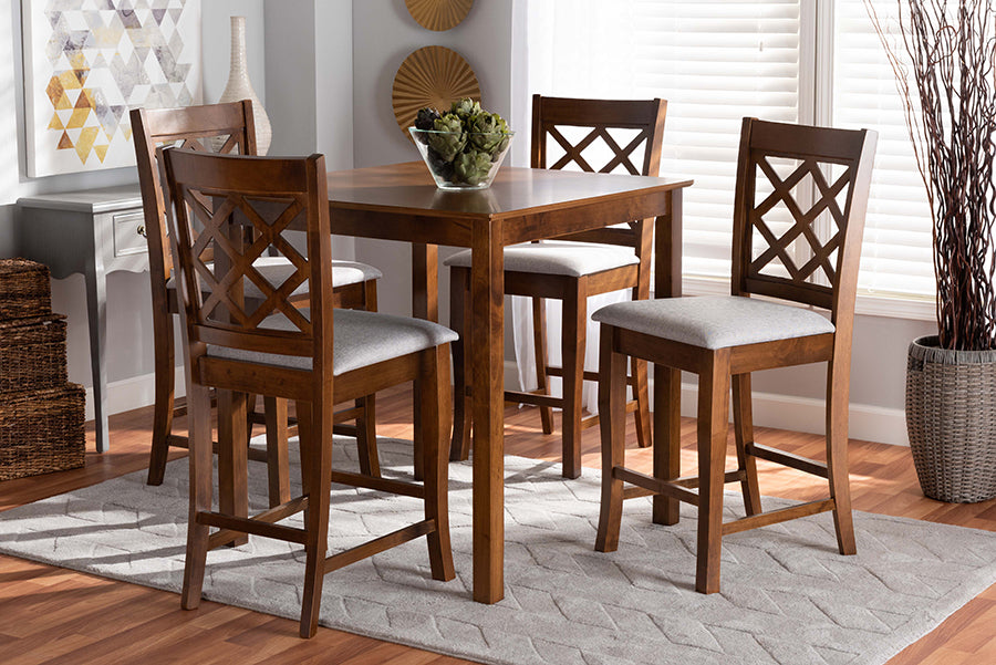 Baxton Studio Alora Modern and Contemporary Grey Fabric Upholstered Walnut Brown Finished 5-Piece Wood Pub Set