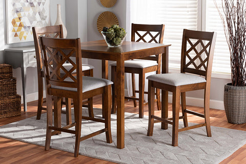 Baxton Studio Alora Modern and Contemporary Grey Fabric Upholstered Walnut Brown Finished 5-Piece Wood Pub Set