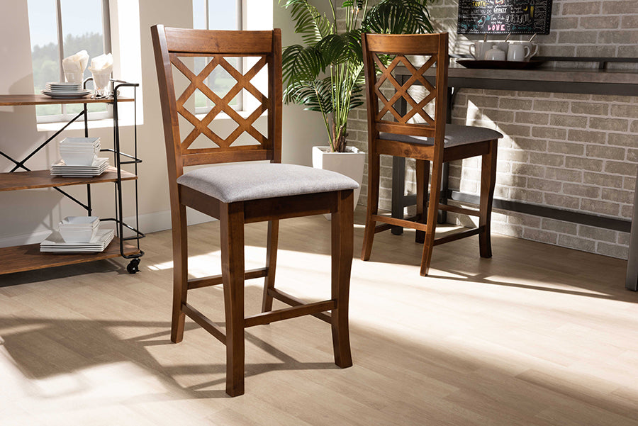 Baxton Studio Aria Modern and Contemporary Grey Fabric Upholstered and Walnut Brown Finished Wood 2-Piece Counter Height Pub Chair Set