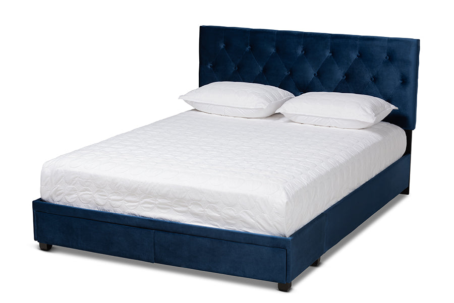 Baxton Studio Caronia Modern and Contemporary Navy Blue Velvet Fabric Upholstered 2-Drawer Queen Size Platform Storage Bed