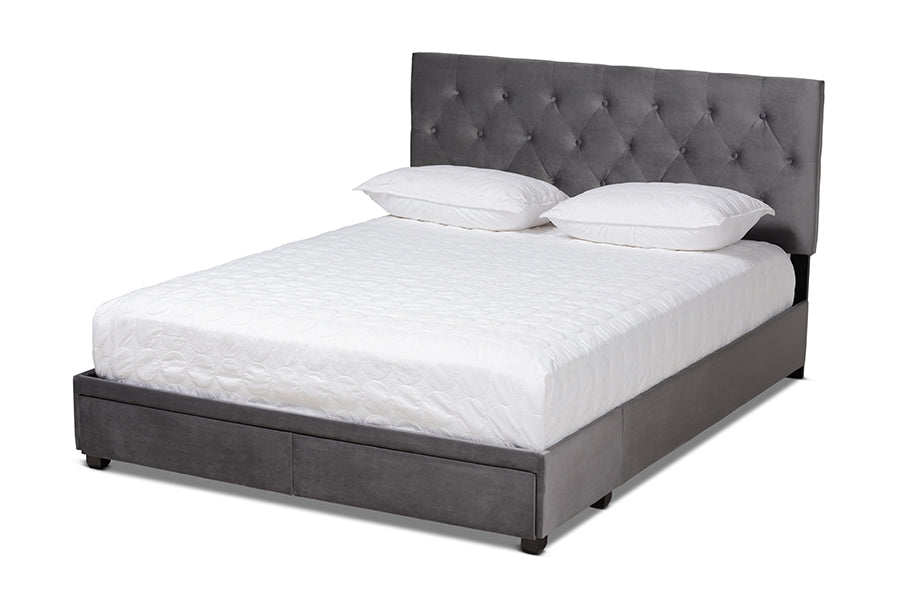 Baxton Studio Caronia Modern and Contemporary Grey Velvet Fabric Upholstered 2-Drawer Queen Size Platform Storage Bed