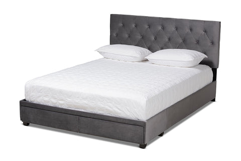 Baxton Studio Caronia Modern and Contemporary Grey Velvet Fabric Upholstered 2-Drawer King Size Platform Storage Bed