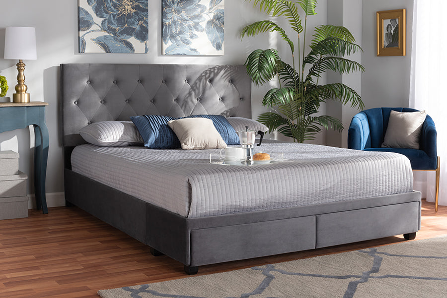 Baxton Studio Caronia Modern and Contemporary Grey Velvet Fabric Upholstered 2-Drawer Queen Size Platform Storage Bed