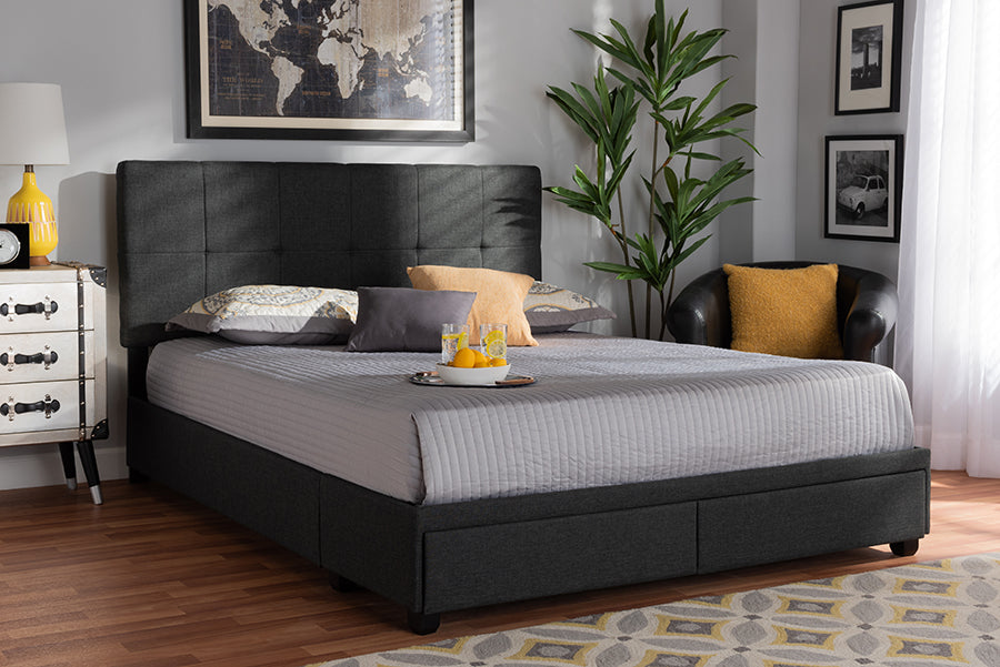 Baxton Studio Netti Dark Grey Fabric Upholstered 2-Drawer Queen Size Platform Storage Bed