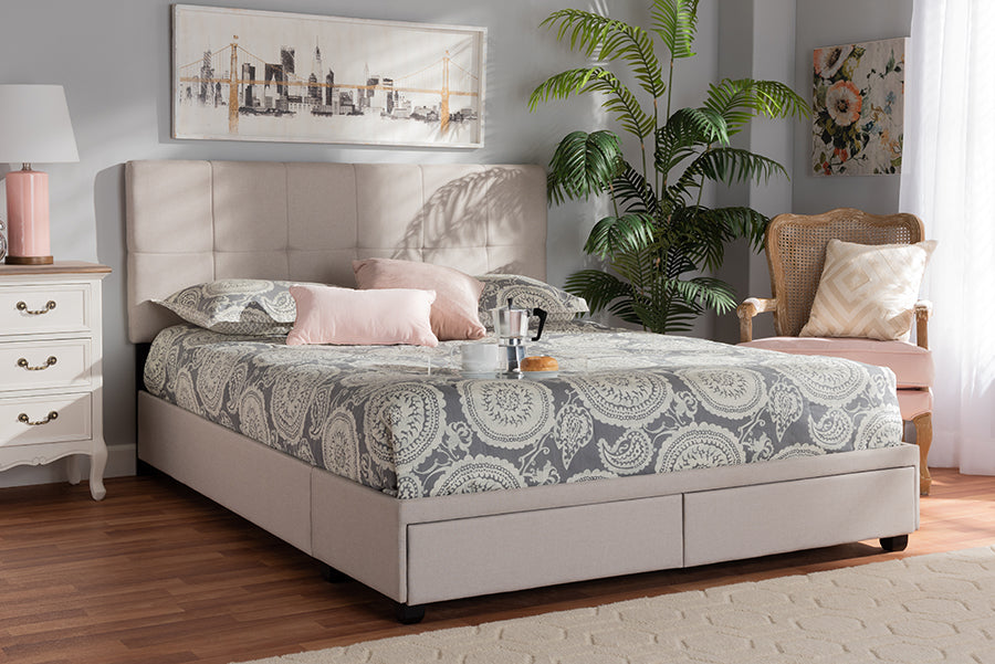 Baxton Studio Netti Beige Fabric Upholstered 2-Drawer Queen Size Platform Storage Bed