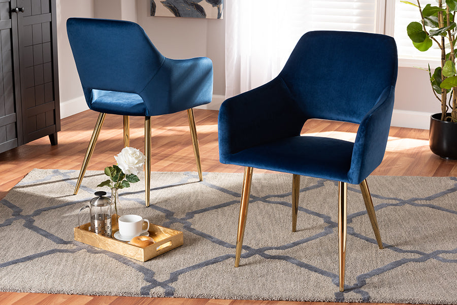 Baxton Studio Germaine Glam and Luxe Navy Blue Velvet Fabric Upholstered Gold Finished 2-Piece Metal Dining Chair Set